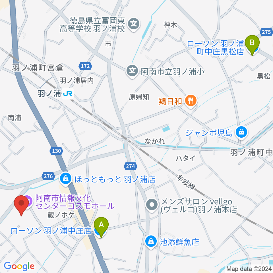 コスモホール（阿南市情報文化センター）周辺のコンビニエンスストア一覧地図