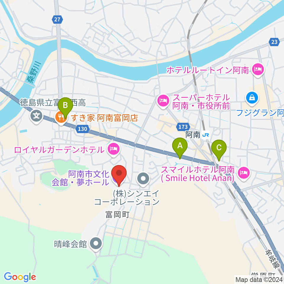 夢ホール（阿南市文化会館）周辺のコンビニエンスストア一覧地図