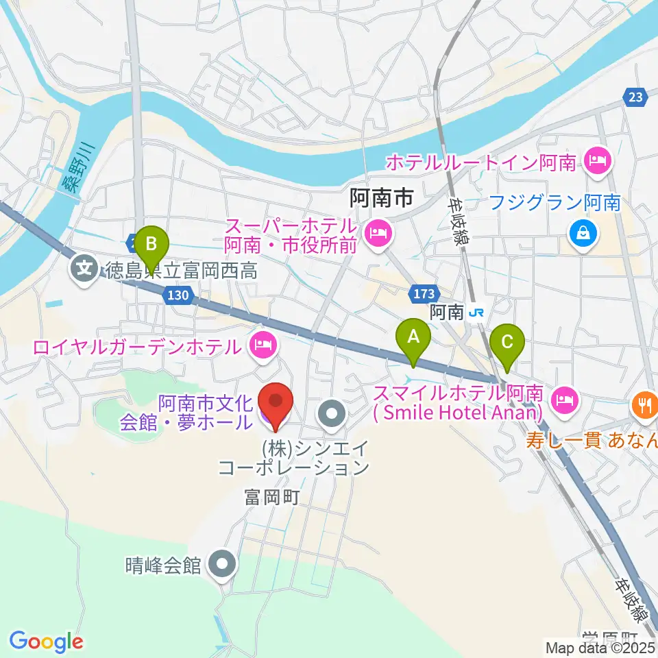 夢ホール(阿南市文化会館)周辺のコンビニエンスストア一覧地図