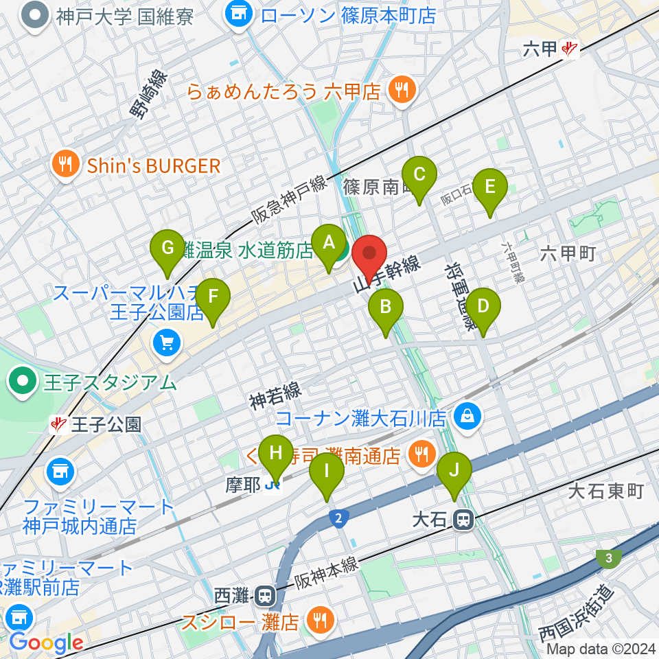 灘区民ホール周辺のコンビニエンスストア一覧地図