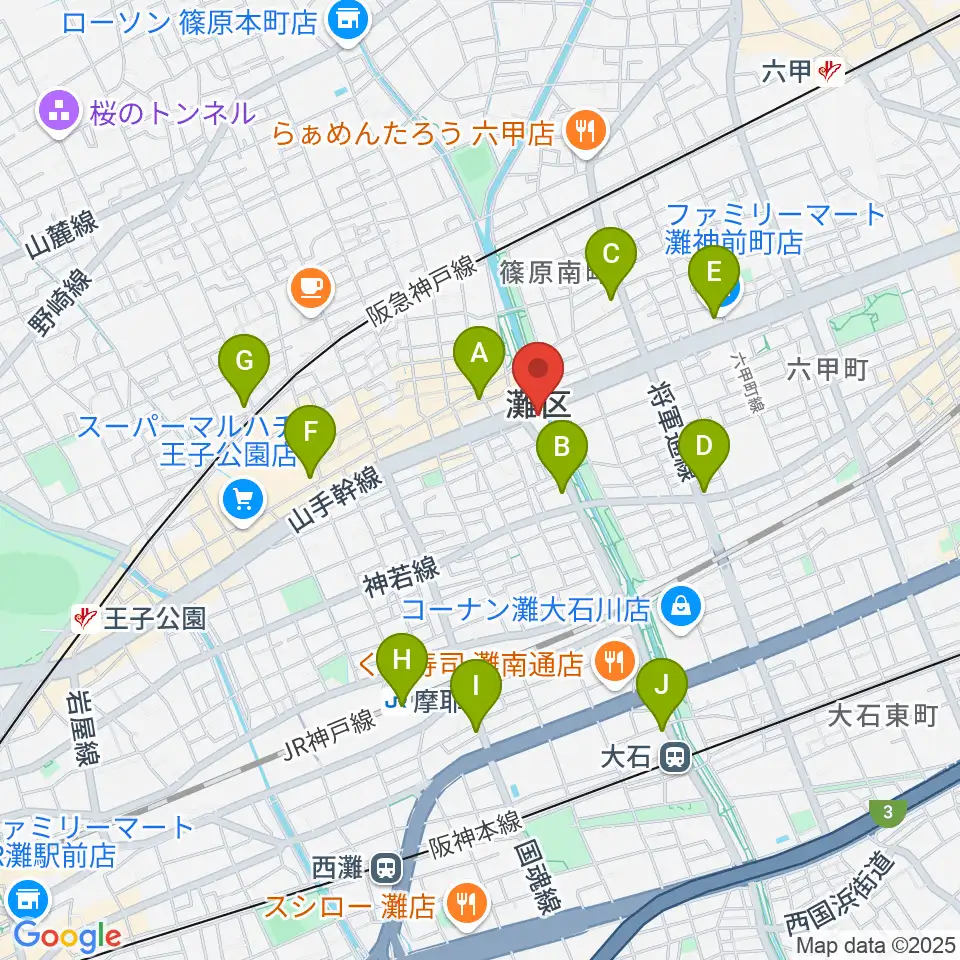 灘区民ホール周辺のコンビニエンスストア一覧地図