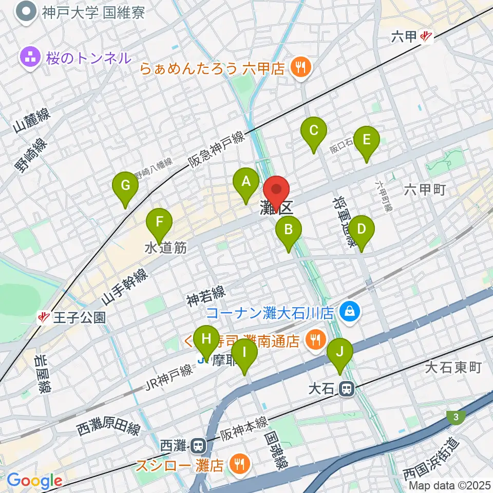 灘区民ホール周辺のコンビニエンスストア一覧地図