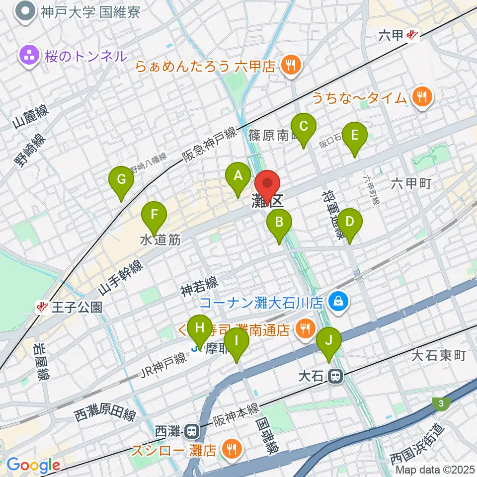 灘区民ホール周辺のコンビニエンスストア一覧地図