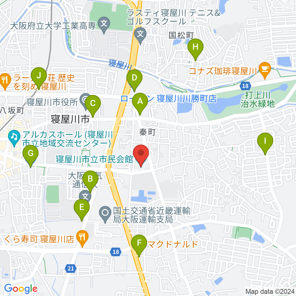 寝屋川市立市民会館周辺のコンビニエンスストア一覧地図