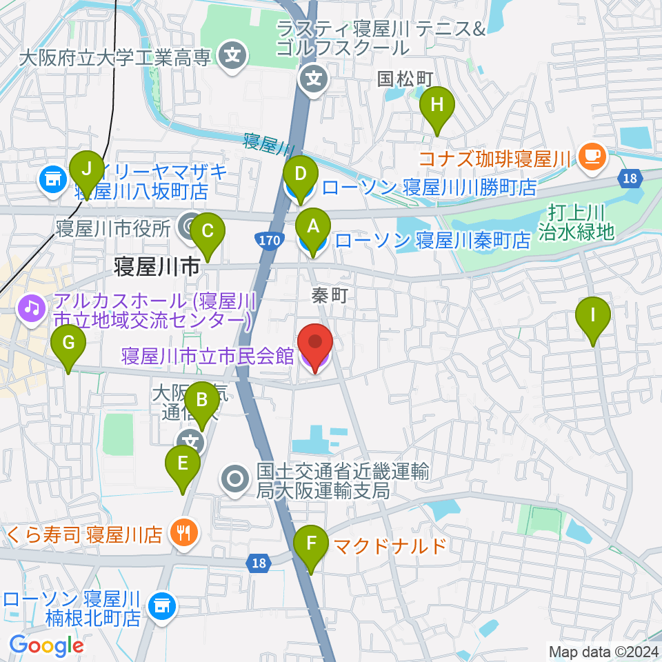 寝屋川市立市民会館周辺のコンビニエンスストア一覧地図