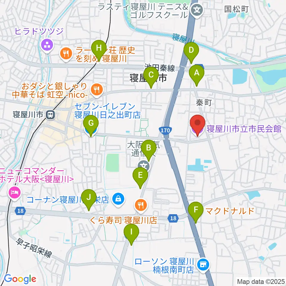 寝屋川市立市民会館周辺のコンビニエンスストア一覧地図