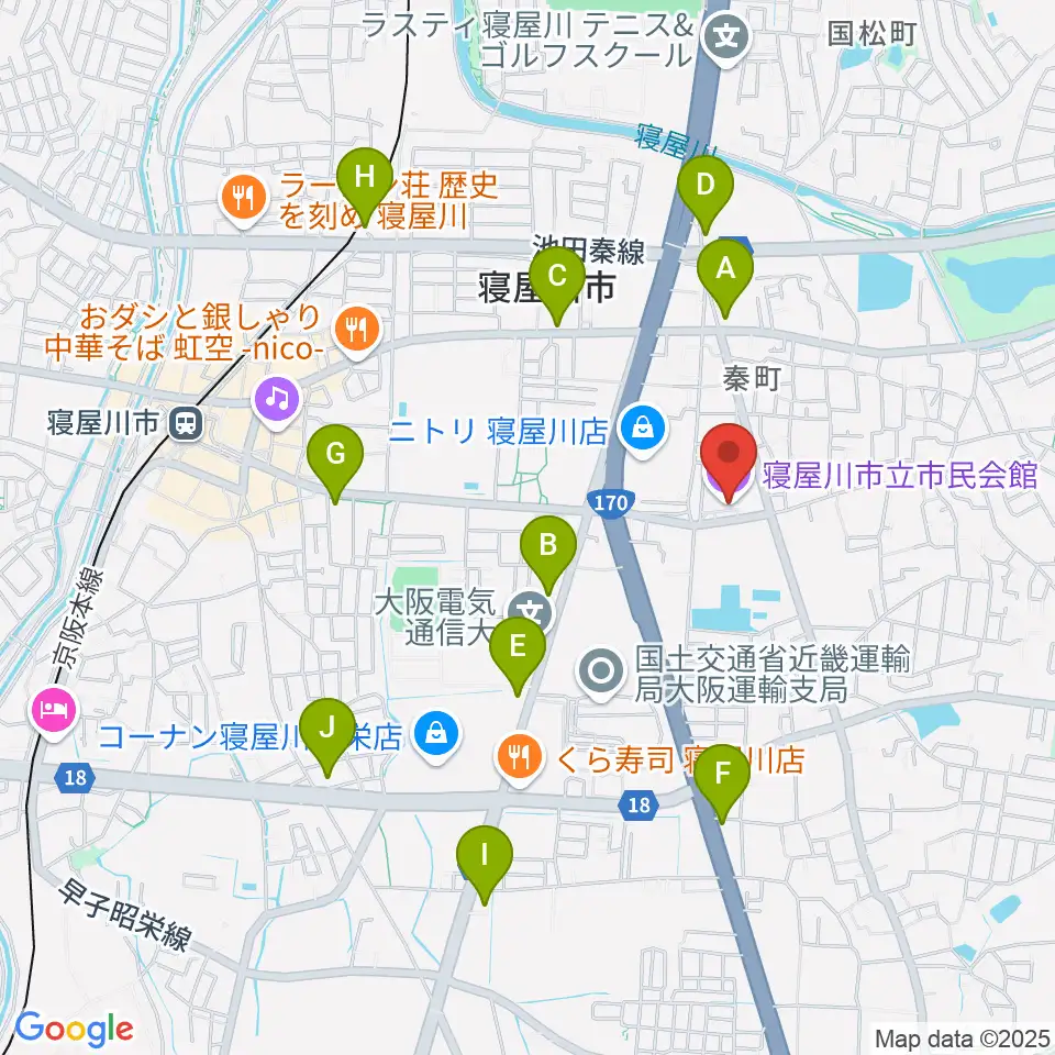 寝屋川市立市民会館周辺のコンビニエンスストア一覧地図