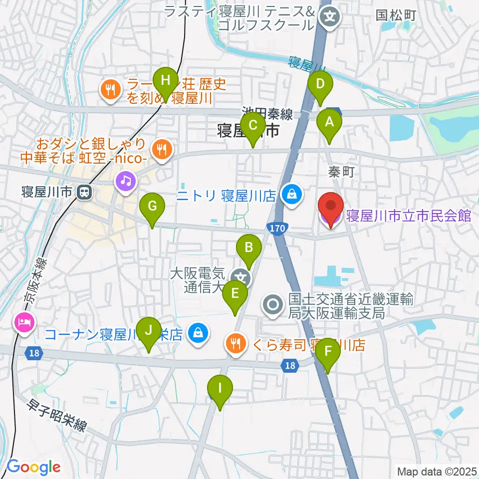 寝屋川市立市民会館周辺のコンビニエンスストア一覧地図