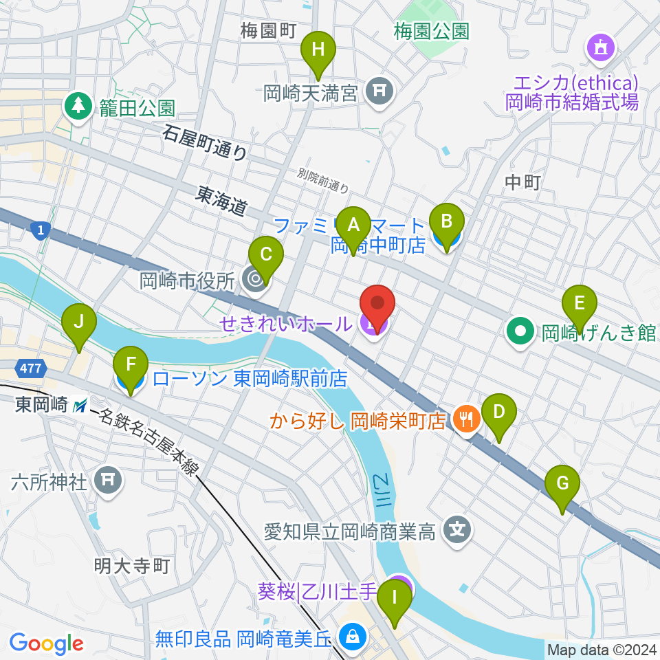 岡崎市せきれいホール周辺のコンビニエンスストア一覧地図