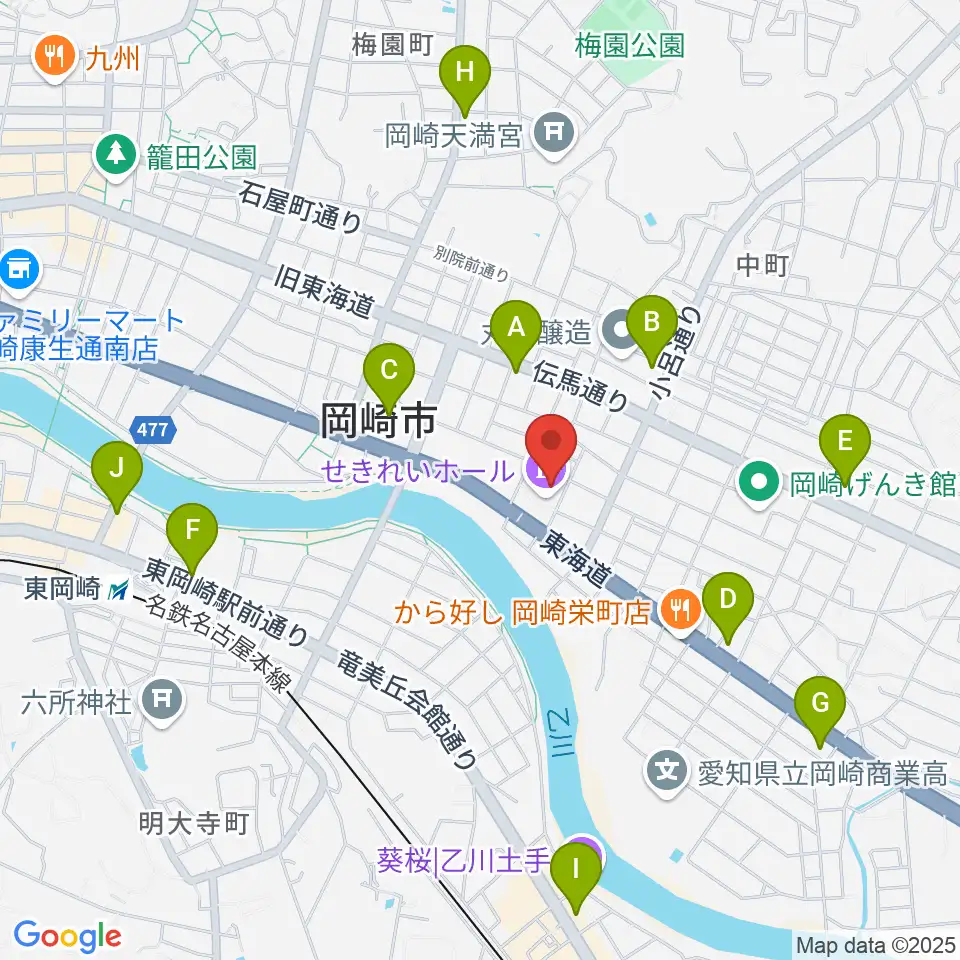 岡崎市せきれいホール周辺のコンビニエンスストア一覧地図
