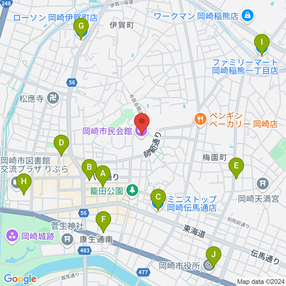 岡崎市民会館 あおいホール周辺のコンビニエンスストア一覧地図