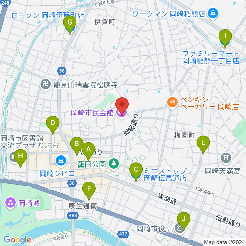 岡崎市民会館 あおいホール周辺のコンビニエンスストア一覧地図