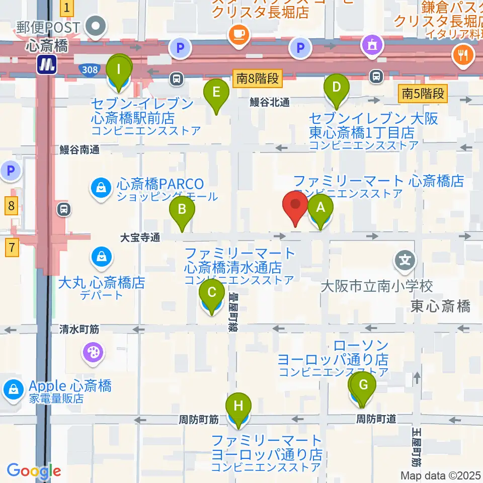 心斎橋FootRock&BEERS周辺のコンビニエンスストア一覧地図
