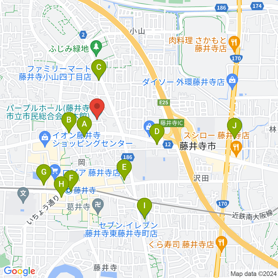 藤井寺市立市民総合会館パープルホール周辺のコンビニエンスストア一覧地図