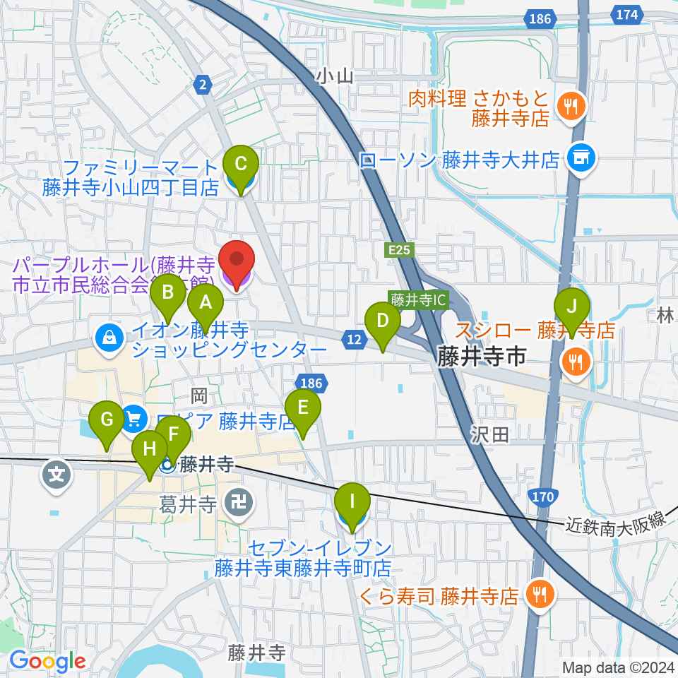 藤井寺市立市民総合会館パープルホール周辺のコンビニエンスストア一覧地図