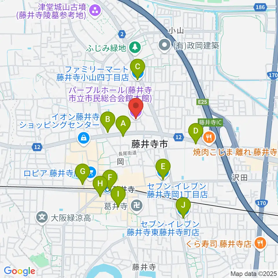 藤井寺市立市民総合会館パープルホール周辺のコンビニエンスストア一覧地図