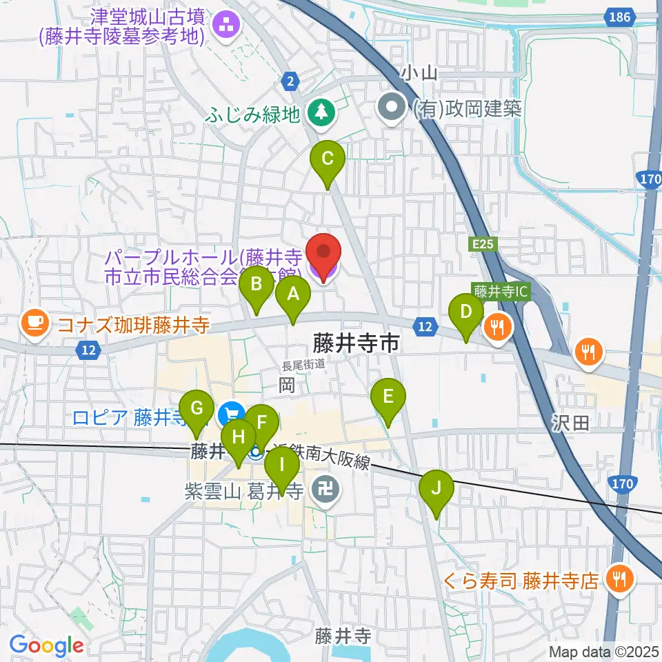 藤井寺市立市民総合会館パープルホール周辺のコンビニエンスストア一覧地図
