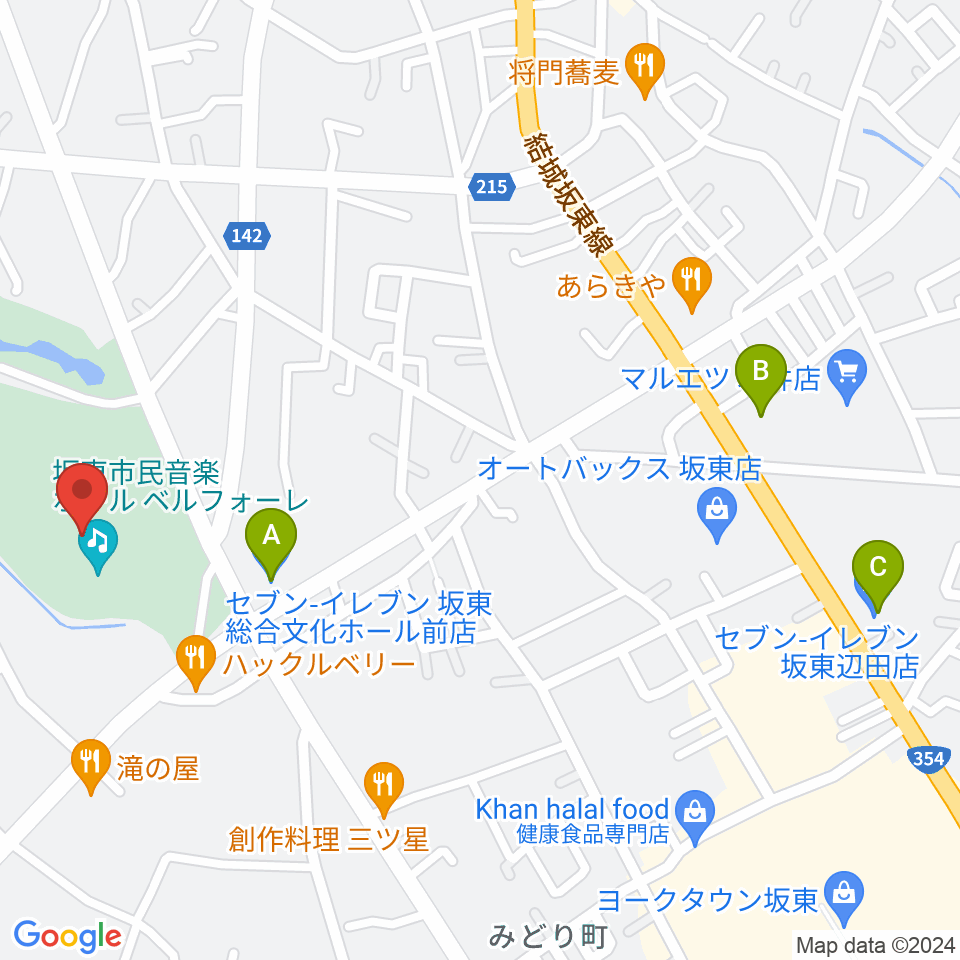 坂東市民音楽ホール ベルフォーレ周辺のコンビニエンスストア一覧地図