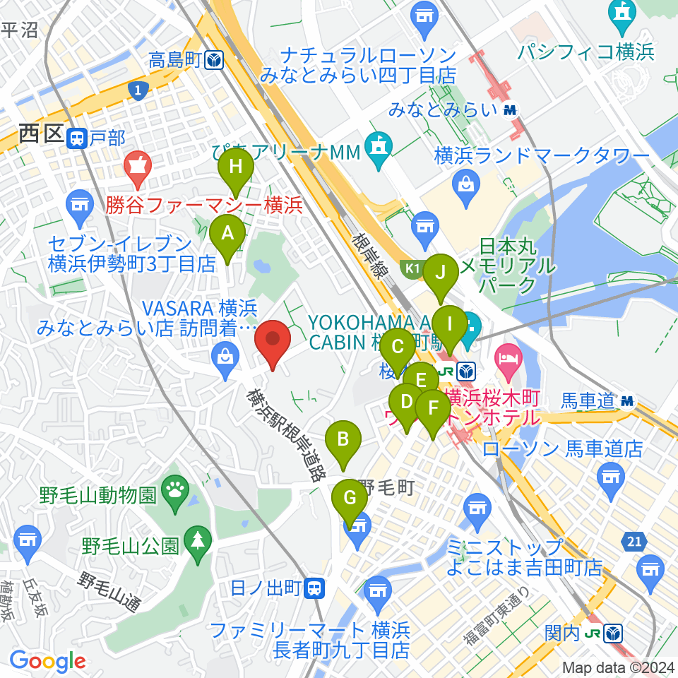 横浜市教育会館周辺のコンビニエンスストア一覧地図