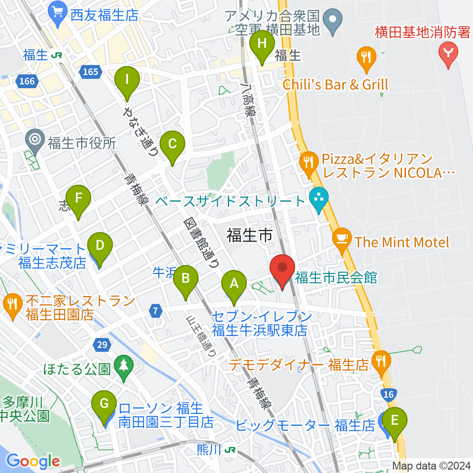 福生市民会館周辺のコンビニエンスストア一覧地図