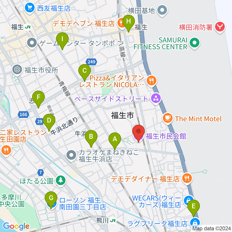 福生市民会館周辺のコンビニエンスストア一覧地図