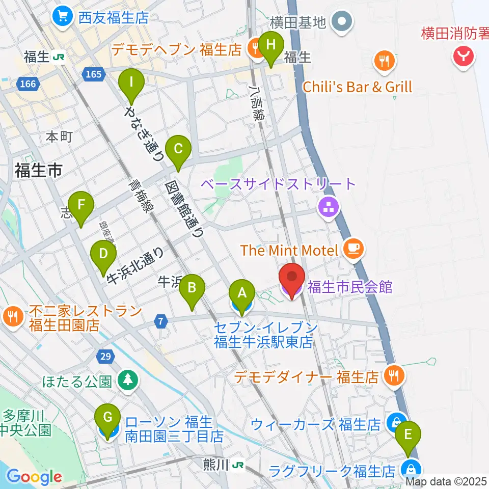 福生市民会館周辺のコンビニエンスストア一覧地図