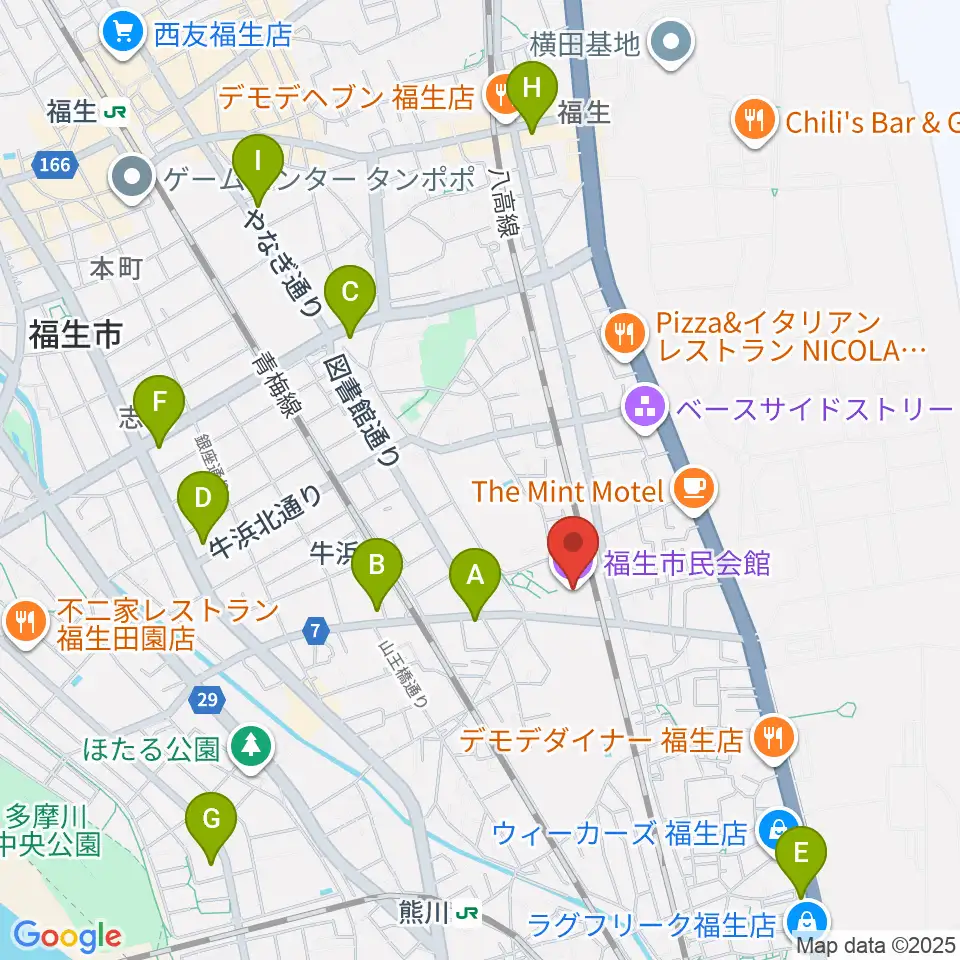 福生市民会館周辺のコンビニエンスストア一覧地図