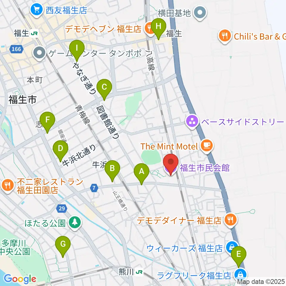福生市民会館周辺のコンビニエンスストア一覧地図