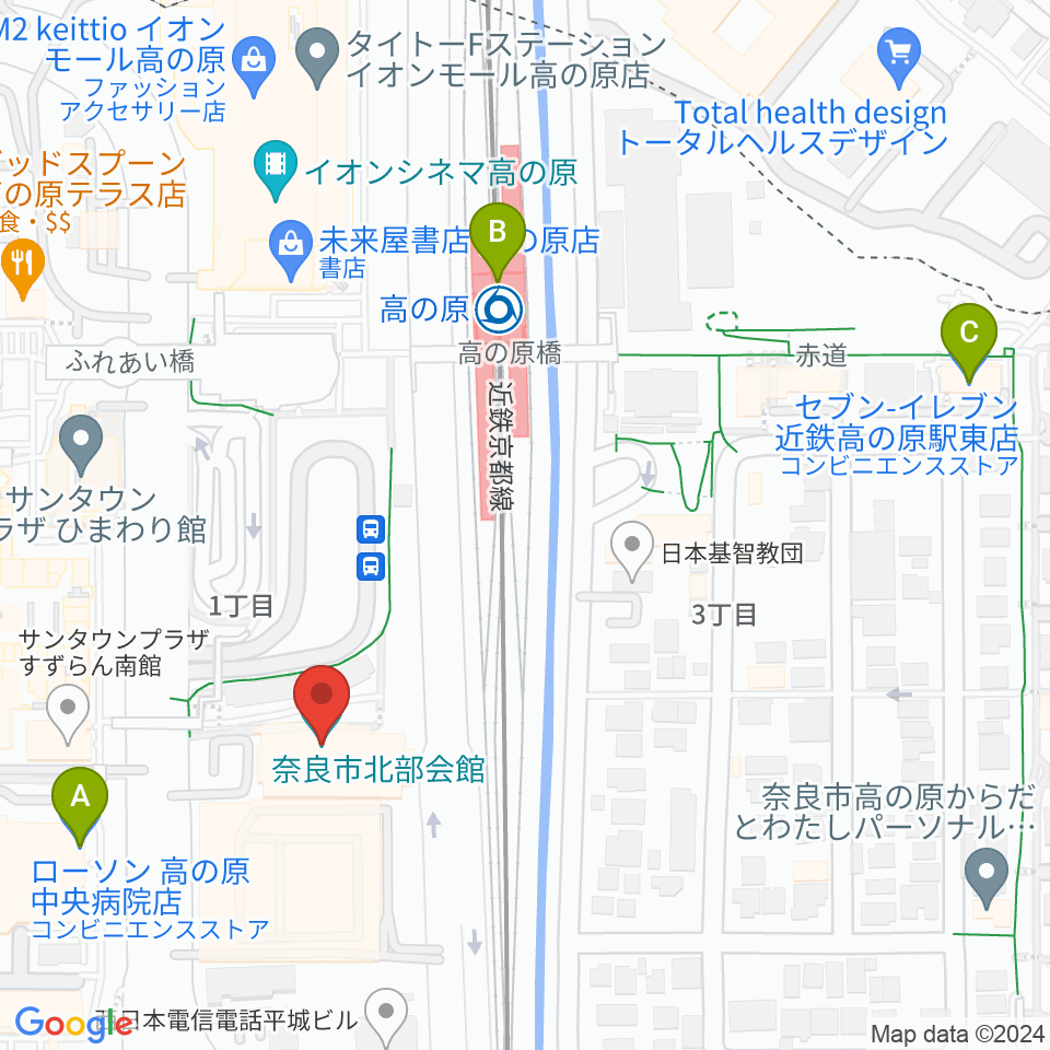 奈良市北部会館 市民文化ホール周辺のコンビニエンスストア一覧地図