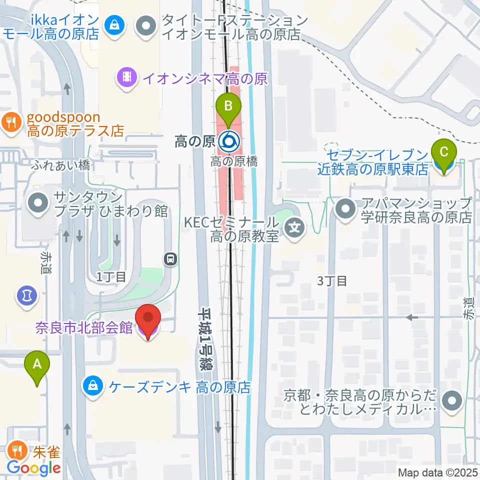 奈良市北部会館 市民文化ホール周辺のコンビニエンスストア一覧地図