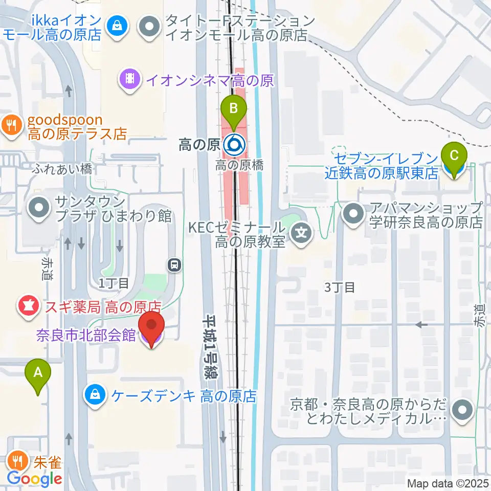 奈良市北部会館 市民文化ホール周辺のコンビニエンスストア一覧地図