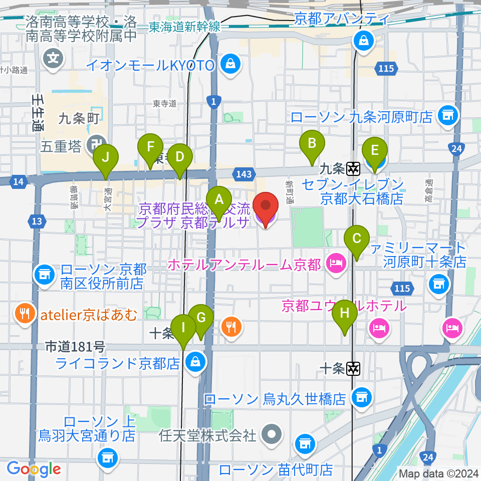 京都テルサホール周辺のコンビニエンスストア一覧地図