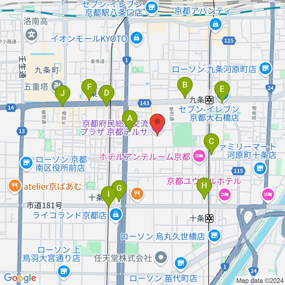 京都テルサホール周辺のコンビニエンスストア一覧地図