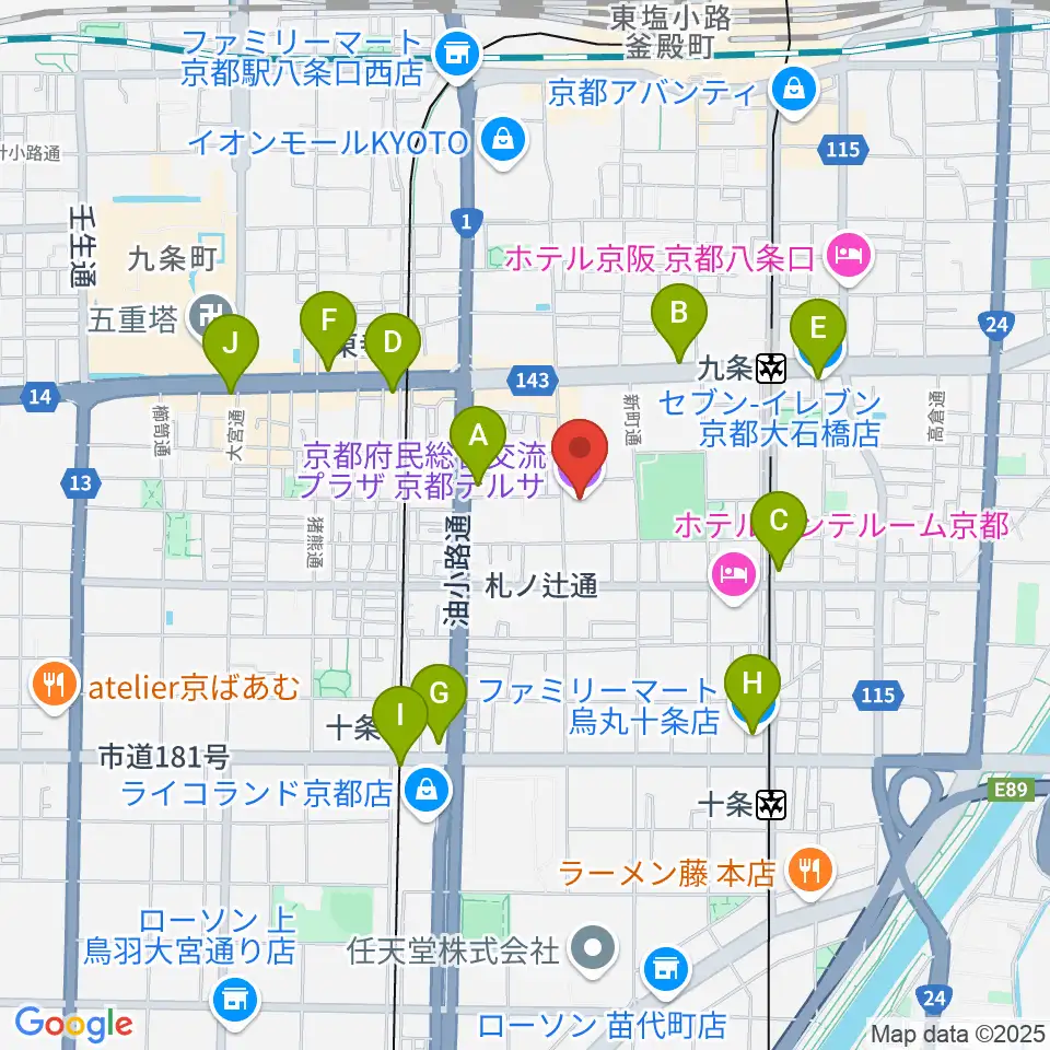 京都テルサホール周辺のコンビニエンスストア一覧地図