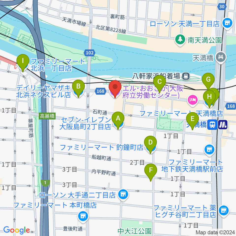 エル・おおさか 大阪府立労働センター周辺のコンビニエンスストア一覧地図