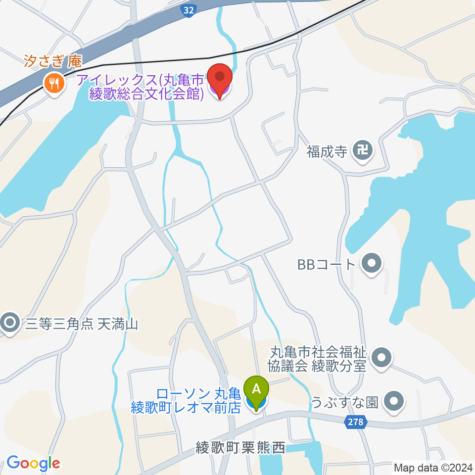 丸亀市綾歌総合文化会館アイレックス周辺のコンビニエンスストア一覧地図