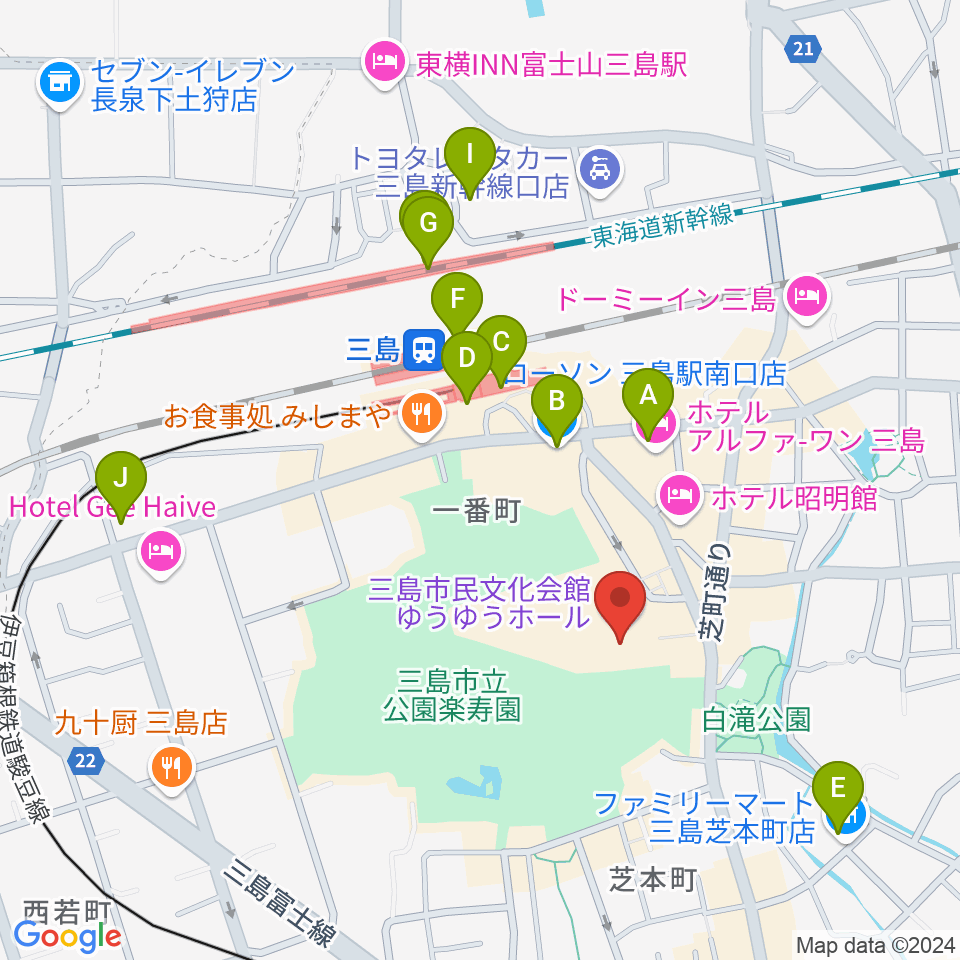 三島市民文化会館 ゆぅゆぅホール周辺のコンビニエンスストア一覧地図