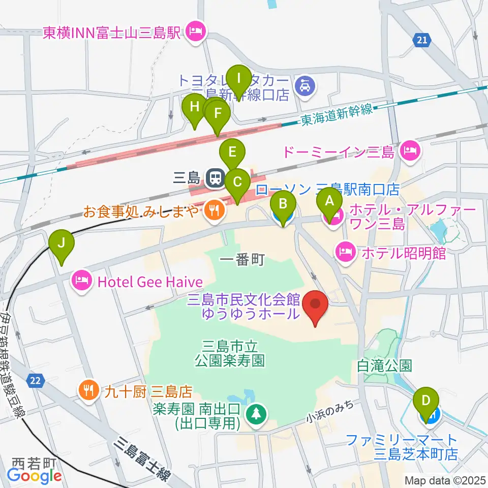 三島市民文化会館 ゆぅゆぅホール周辺のコンビニエンスストア一覧地図
