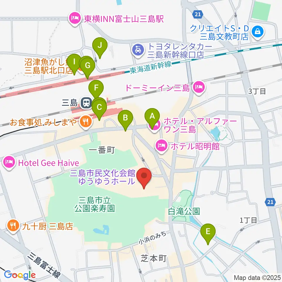 三島市民文化会館 ゆぅゆぅホール周辺のコンビニエンスストア一覧地図