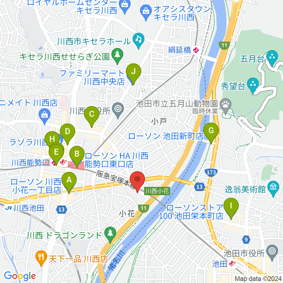 川西市みつなかホール周辺のコンビニエンスストア一覧地図