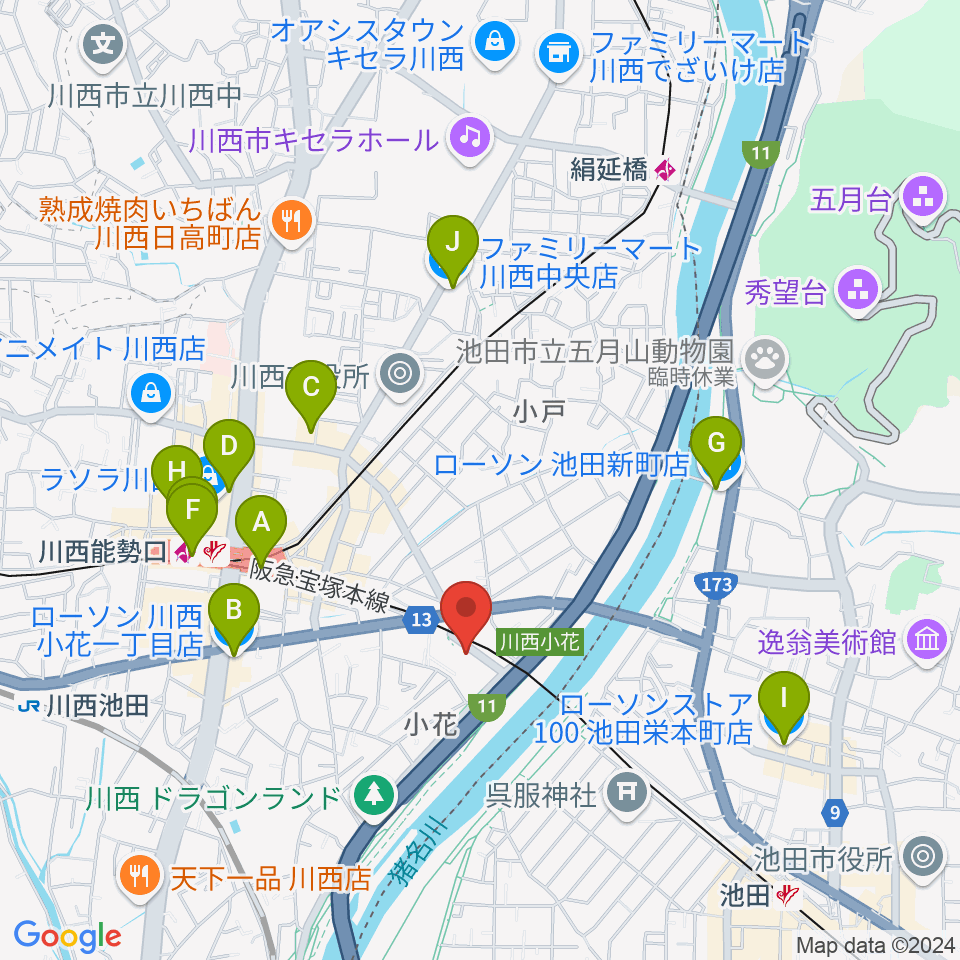 川西市みつなかホール周辺のコンビニエンスストア一覧地図