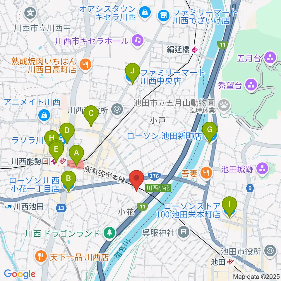 川西市みつなかホール周辺のコンビニエンスストア一覧地図