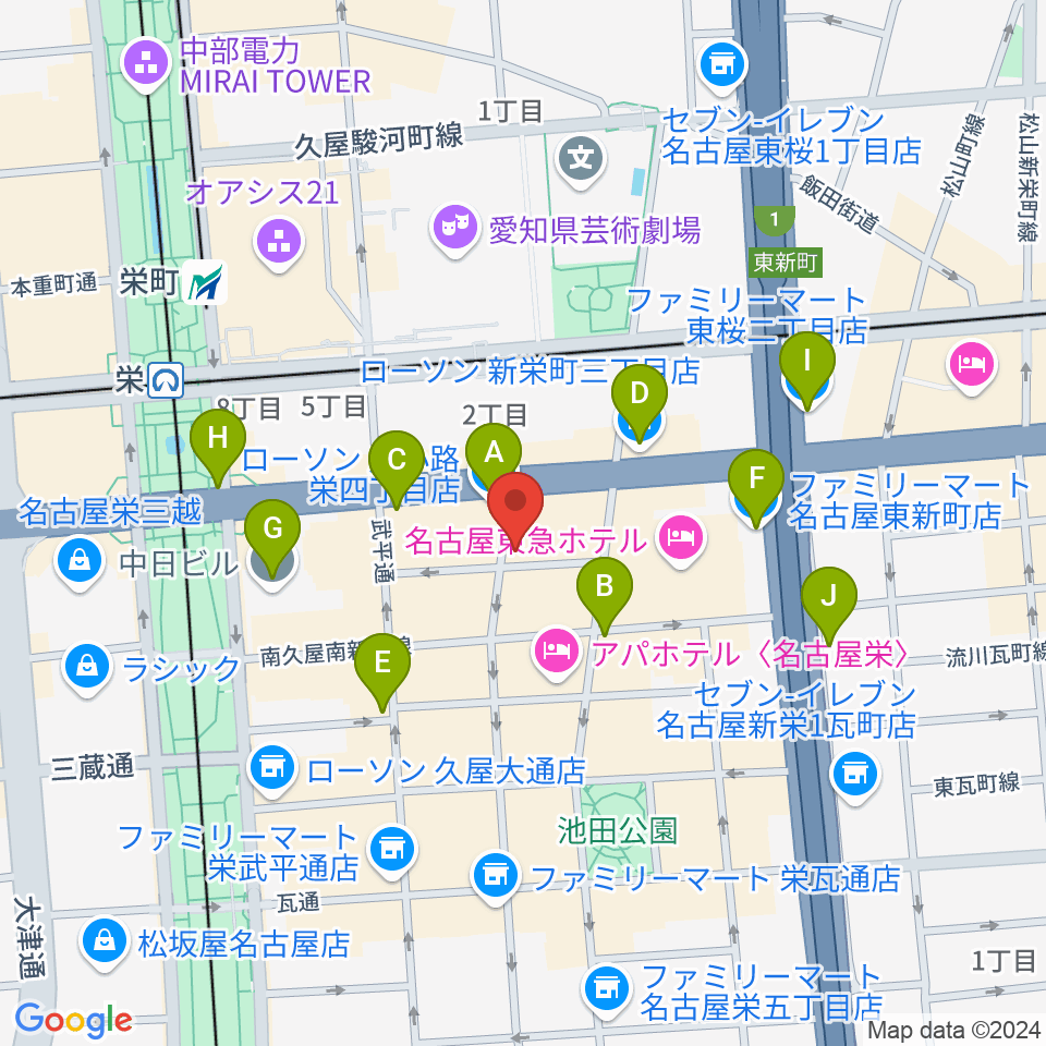 名古屋栄Live DOXY周辺のコンビニエンスストア一覧地図