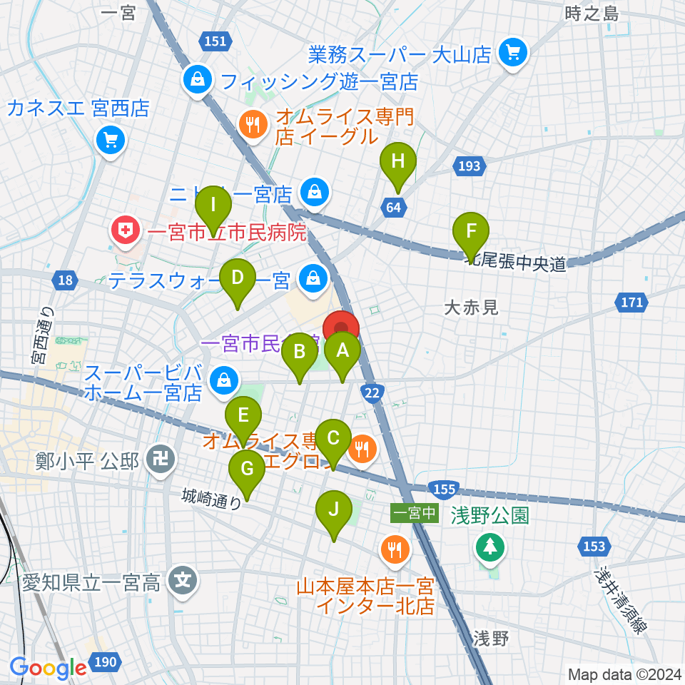 一宮市市民会館周辺のコンビニエンスストア一覧地図