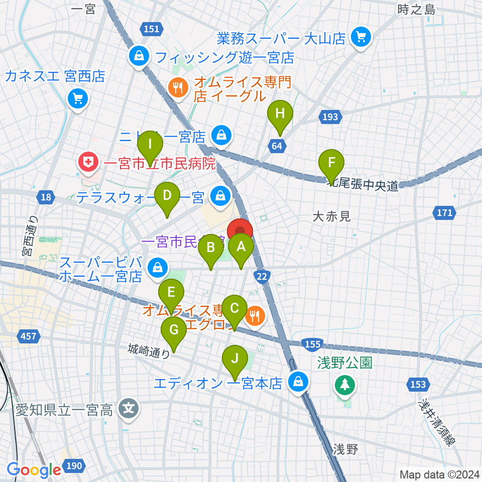 一宮市市民会館周辺のコンビニエンスストア一覧地図