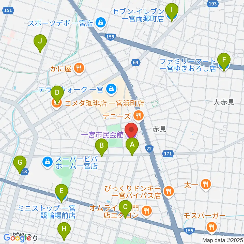 一宮市市民会館周辺のコンビニエンスストア一覧地図