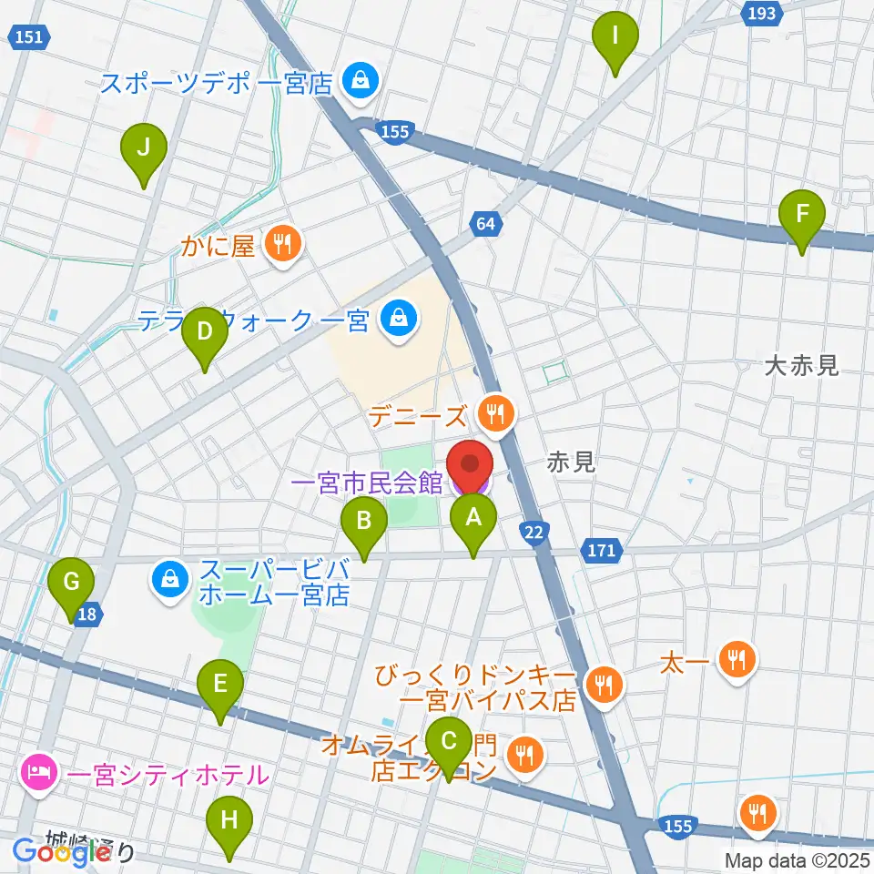 一宮市市民会館周辺のコンビニエンスストア一覧地図