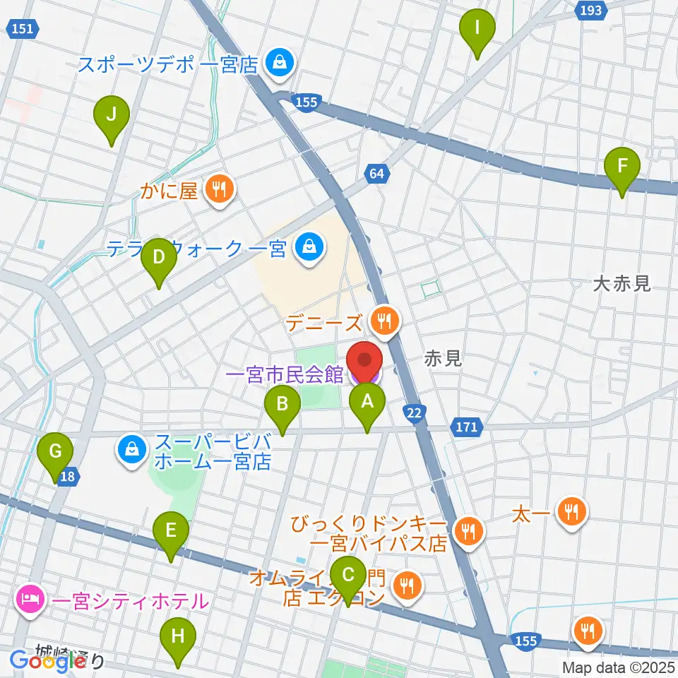一宮市市民会館周辺のコンビニエンスストア一覧地図