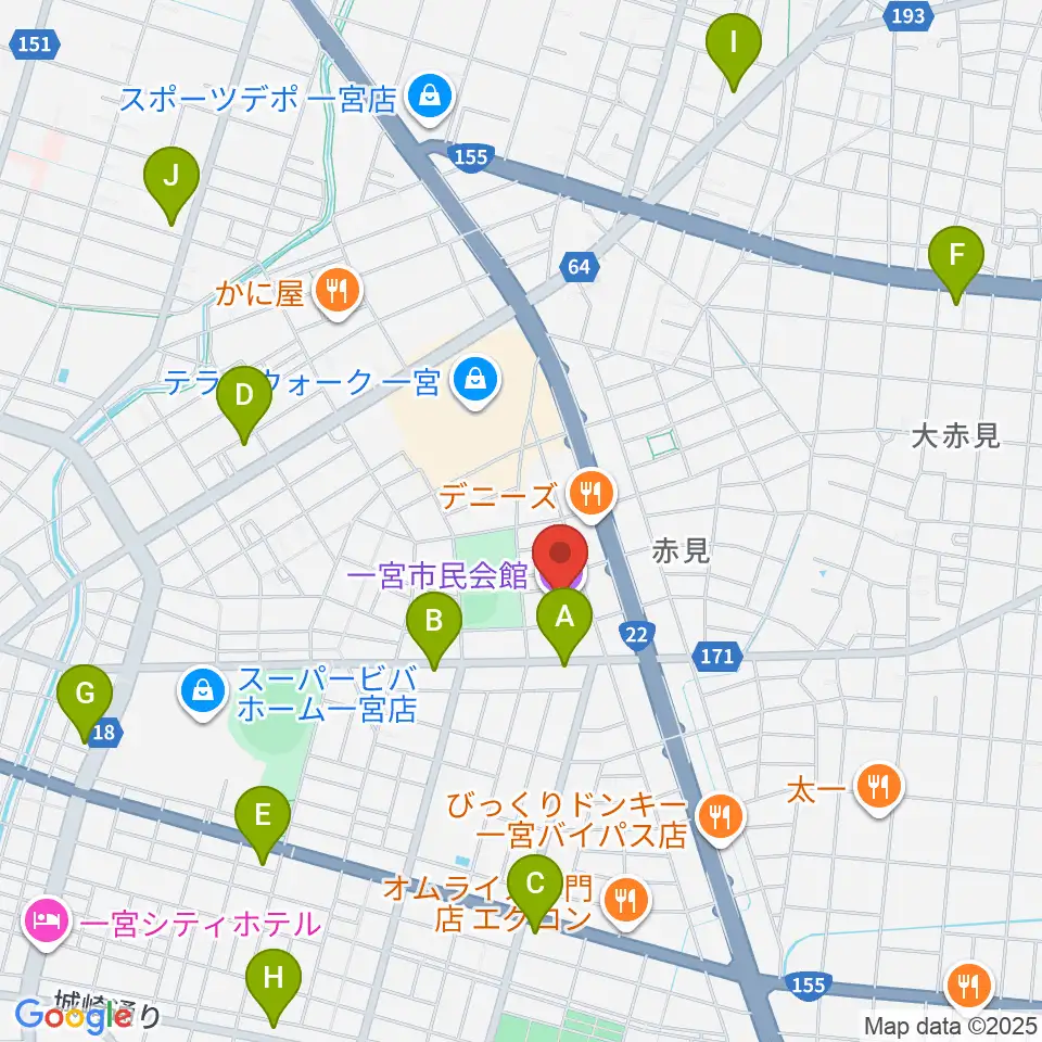 一宮市市民会館周辺のコンビニエンスストア一覧地図