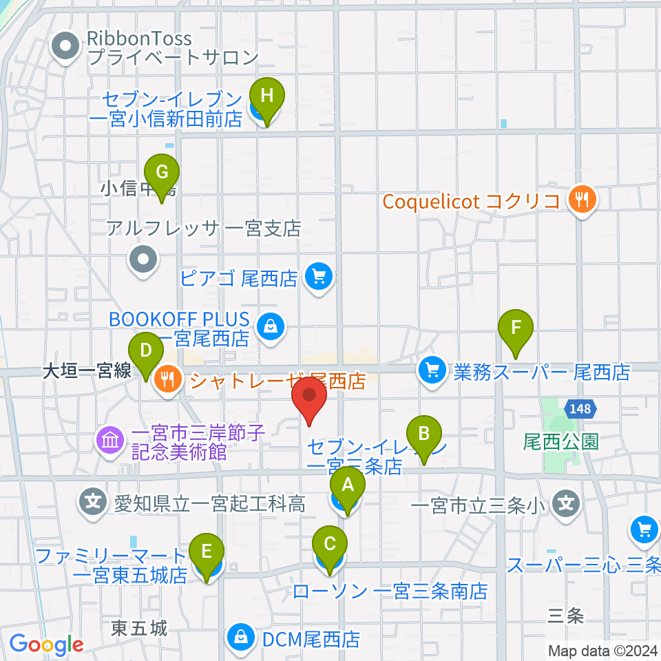 一宮市尾西市民会館周辺のコンビニエンスストア一覧地図